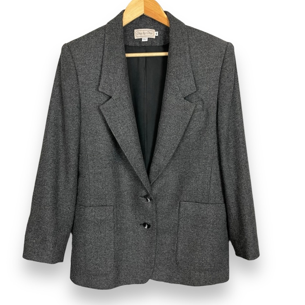 Vintage Blazer Women Boxy Tweed Patch Pockets Notched Lapel Professional Jacket